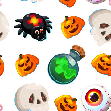 Halloween seamless pattern vector illustration isolated on blue background, skull, eye, pumpkin, spider, potion