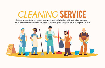 cleaning service team with gloves and cleaning utensils