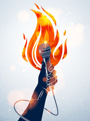 Microphone in hand on fire, hot mic in flames live show, rap battle rhymes music, concert festival or night club label, karaoke singing or standup comedy, vector logo, t-shirt print. - obrazy, fototapety, plakaty