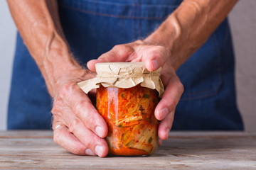 Homemade korean fermented kimchi cabbage salad, vegan, vegetarian preserved food
