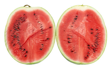 half ripe red watermelon with seeds isolated on white background, delicious summer berry