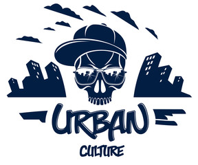 Skull in sunglasses and hat, urban theme vector logo or emblem, gangster or thug illustration, anarchy chaos hooligan, ghetto theme.