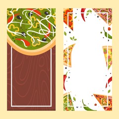 Pizza menu vector illustration. Card fast food hot lunch, poster delicious dinner in cafe. Flyer design with slices italian pepperoni, tomato and cheese . Creative drawing food on cover label.