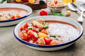 Spanish summer cold soup gazpacho with vegetables on concrete background.