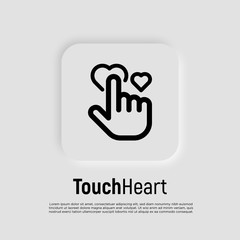 Human hand is pushing on heart, love symbol for wedding, valentine's day. Hand gesture. Thin line vector illustration.