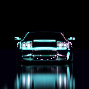 Front View of a Black Luxury Futuristic Sports Car on a Glossy Black Surface with Reflection in Neon Light. 3D Rendering isolated on Black.