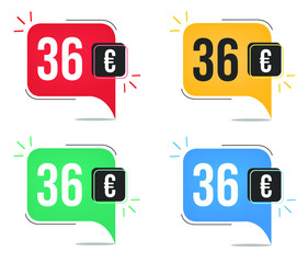 36 euro price. Yellow, red, blue and green currency tags with speech  balloon concept.