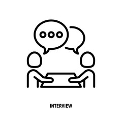 Interview thin line icon. Two people sitting at the desk and talking. Business meeting, recruitment. Vector illustration.