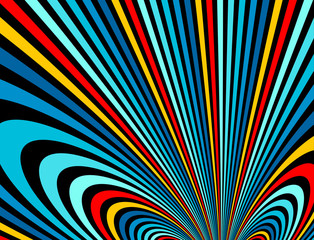 Psychedelic rainbow colored optical illusion lines vector insane art background, LSD hallucination delirium, surreal op art linear curves in hyper 3D perspective, hypnotic design.
