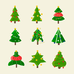 Set of Christmas trees with Christmas toys. Collection of Christmas trees with modern flat design