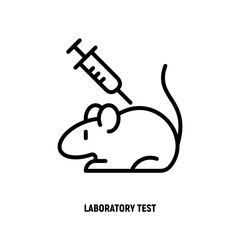 Laboratory test thin line icon. Animal testing: syringe and rat. Medical experiment. Vector illustration.