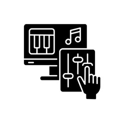 DIY music black glyph icon. Professional composer. Computer software for musical arrangement. Record audio. Write and play mp3. Silhouette symbol on white space. Vector isolated illustration