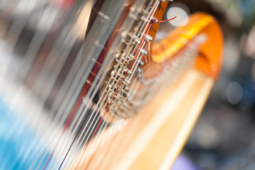 Stringed musical instrument harp- close up view with focus concept.