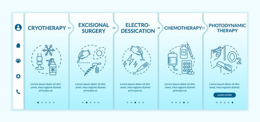 Naklejka premium Skin cancer treatment onboarding vector template. Chemotherapy. Photodynamic therapy. Responsive mobile website with icons. Webpage walkthrough step screens. RGB color concept