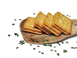 Sandwich crackers with cheese cream on wooden board. Top View. Flat Lay