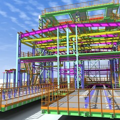 The cover of the project made with the use of BIM technology. 3D rendering. Presentation of the project for the customer, contractor and installers of the building made of metal structures.