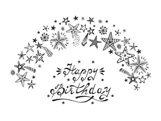 Happy Birthday! Hand drawn doodle Fireworks and Stars. Holiday background vector illustration
