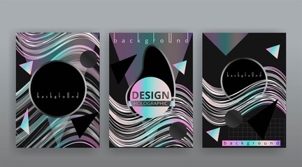 Holographic abstract page templates set, retro wave glitch creative hipster neon and pastel gradient colors.