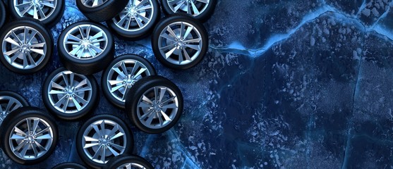 Winter tires on ice. car safety and driving concept.