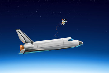 space shuttle with astronaut flying at orbit