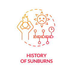 History of sunburns concept icon. Skin cancer risk factors. Ultraviolet radiation burn. Excessive sun exposure. Sunburned skin idea thin line illustration. Vector isolated outline RGB color drawing