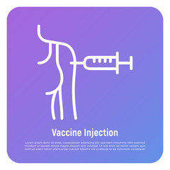Vaccine injection in woman's forearm. Medical treatment. Thin line icon of vaccination. Vector illustration.