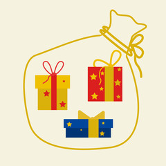 A set of gifts for the new year in a transparent bag of Santa Claus. Different vector gift boxes in yellow, red, blue