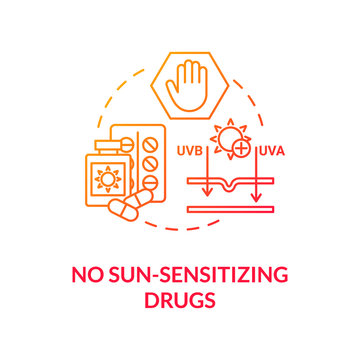 No Sun Sensitizing Drug Concept Icon. Photosensitivity. Melanoma Prevention. Sunlight Sensitive Medications Idea Thin Line Illustration. Vector Isolated Outline RGB Color Drawing