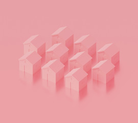 Small pink houses, futuristic town block abstract representation, street, quarter. 3d illustration