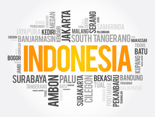 Fototapeta premium List of cities and towns in Indonesia, word cloud collage, business and travel concept background