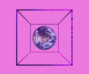 Abstract planet Earth with wireframe in cube on pink background, 3d render