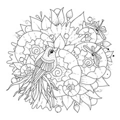 Naklejka premium Coloring page for children and adults. A beautiful bird with a long tail sits on flowers and two dragonflies fly side by side. Vector illustration. Black-white background.