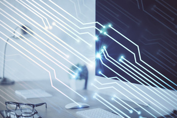 Fototapeta premium Double exposure of desktop computer and technology theme hologram. Concept of software development.