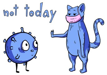 Cat character  wearing mask and showing stop to coronavirus bacteria