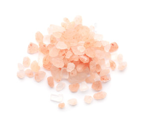 Pile of pink himalayan salt isolated on white, top view - obrazy, fototapety, plakaty