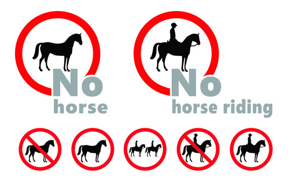 Warning zone, no horse riding. Forbidden sign symbol for situations where horse riding is not allowed. No traffic horses and rider area signs. Anti fox hunting concept. Stop halt allowed, no ban.