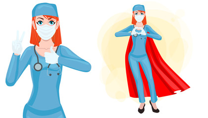 Doctor Hero in a Mask and a Red Cloak Stands. Flat cartoon style. Nurse woman - show love.