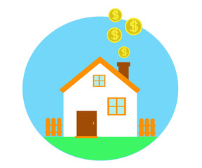 House and coins on the background. Cartoon. Vector illustration.