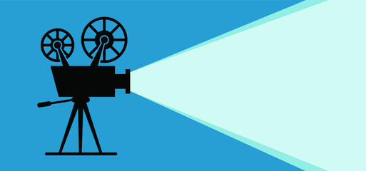 Old retro movie and film, background in flat style. Theater screen, premiere signs. Vector cinema camer film projector, flat concept icon. Template for poster, banner or wallpaper. Video filmstrip.