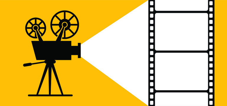 Old retro movie and film, background in flat style. Theater screen, premiere signs. Vector cinema camer film projector, flat concept icon. Template for poster, banner or wallpaper. Video filmstrip.