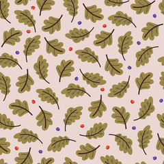 Vector autumn seamless pattern with Oak Leaf and berries