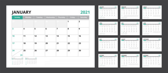 2021 calendar planner set for template corporate design week start on Sunday.