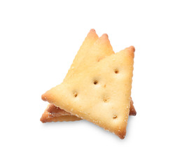Delicious crispy crackers isolated on white, top view