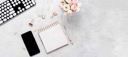 Stationery business flatlay creative composition. Top horizontal view of envelope, spiral blocj...