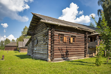 The Museum of wooden architecture under the open sky. Old traditional Russian peasant house. Golden ring of Russia. Kostroma Sloboda, Kostroma, Russia