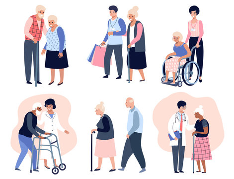 Elderly people walking, Social worker helping senior elder woman, .Grandfather and grandmother couple. Flat vector illustration