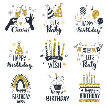 Happy birthday cards and Party invitation set with cupcake, party hats, air balloon and cheers text. Vector illustration, hand drawn style.