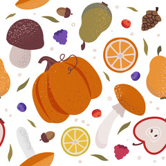 Vector autumn seamless pattern with pumpkin and mushrooms