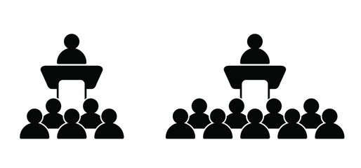 lecture at a desk Lectern icon Vector sign Speaker giving a talk to meeting on videoconferencing event Speech video conference Online webinar briefing To meet webcam screen video call Home distance