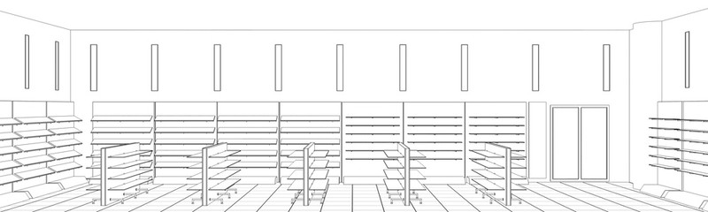 shopping mall, contour visualization, 3D illustration, sketch, outline